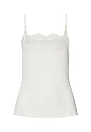 Biała bezrękawnikowa koszulka na cienkich ramiączkach z falistą koronkową lamówką wzdłuż prostej linii dekoltu.