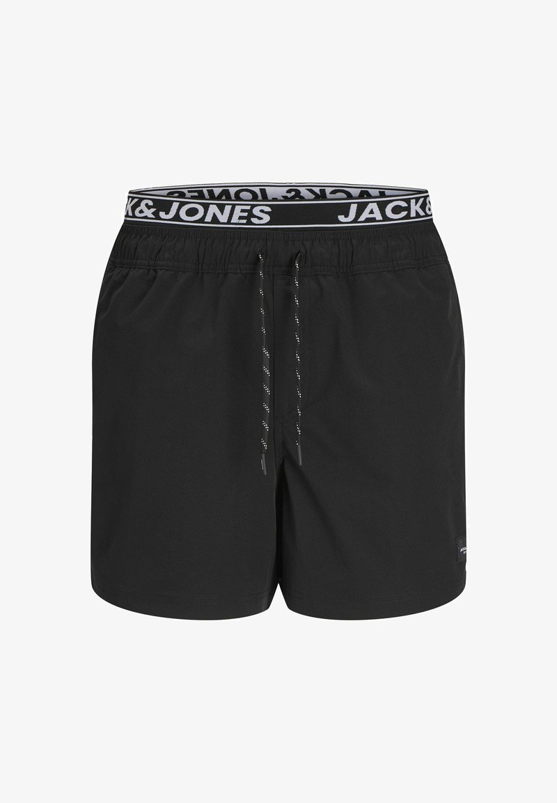 Melnas peldbikses ar elastīgu jostasvietu, kas izceļas ar baltu logotipu un auklu. Izgatavotas no viegla materiāla ar gludu tekstūru.