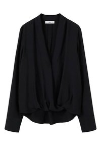 Blusa nera con scollatura a V profonda, maniche lunghe e vita arricciata. Realizzata in tessuto morbido con un design drappeggiato e polsini a contrasto.