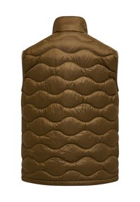 Braune, gep puffte Weste im Wellenmuster mit hohem Kragen, aus leichtem Material gefertigt. Ohne Ärmel, entworfen für Wärme und Komfort.