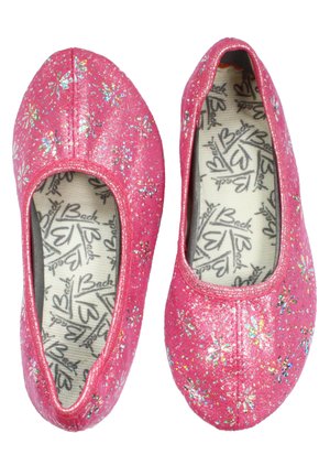 Rosa Ballerinas mit einem glitzernden Textur und Blumenmustern. Die Einlegesohlen zeigen ein Logodesign, das die bunte Ästhetik des Schuhs unterstreicht.