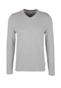 Pull en tricot gris clair à manches longues avec un col en V, coupe ajustée, sans motif ni ornement visible.