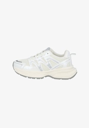 Weiße Sportschuhe aus Mesh-Gewebe mit Gummisohlen und grauen Akzenten. Verfügt über einen gepolsterten Schuhkragen und eine Schnürung für einen sicheren Sitz.