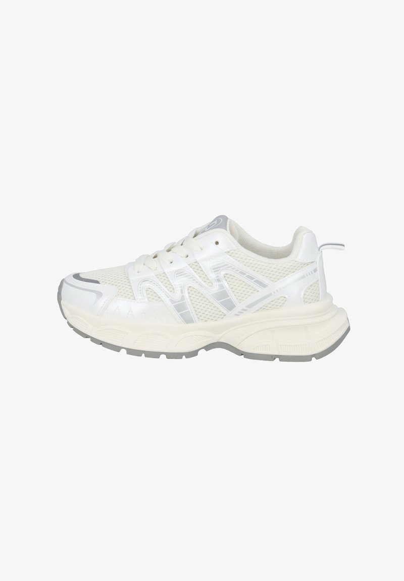 Weiße Sportschuhe aus Mesh-Gewebe mit Gummisohlen und grauen Akzenten. Verfügt über einen gepolsterten Schuhkragen und eine Schnürung für einen sicheren Sitz.