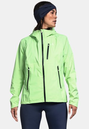 Lightweight, bright green jacket with a hood, featuring black zipper closures and pockets. Made of smooth, waterproof material.