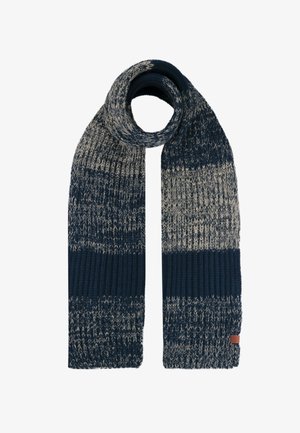 Strickschal mit einem Farbton in Marineblau und Creme sowie strukturierten Streifen. Enthält ein kleines Lederakzentlabel.