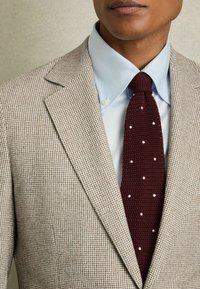 Blazer bej cu carouri, cu rever tip notch, purtat peste o cămașă albastră deschisă. O cravată tricotată în nuanța burgund cu puncte albe adaugă un aspect texturat.