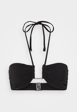 Top de biquíni preto com tecido franzido, alças ajustáveis com laço e fecho em prata. Textura suave e design minimalista.