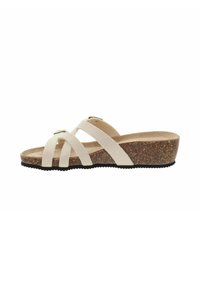 Wedge sandaal met een kurken zool, voorzien van drie brede stoffen banden in off-white, een gestructureerd oppervlak en een patroonaccent op de hak.