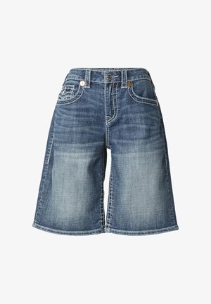 Szorty dżinsowe w odcieniach od ciemnego do jasnego, o średnim stanie i szerokim kroju nogawek. Posiadają dwie przednie kieszenie oraz kontrastowe przeszycia.