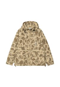 Giacca beige con motivo camouflage, dotata di cappuccio, multiple tasche anteriori e cerniere. Presenta cordini regolabili e dettagli con bottoni a pressione.
