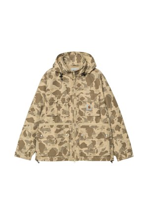 Beżowa kurtka w kamuflażowym wzorze z kapturem, wieloma przednimi kieszeniami i zamkami. Posiada regulowane ściągacze oraz zatrzaski.