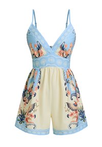Mono sin mangas azul y crema con patrones florales y de aves, escote en V, tirantes ajustables y cintura entallada.