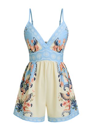 Blauwe en crèmekleurige mouwloze romper met bloemen- en vogelpatronen, V-hals, verstelbare bandjes en een aangesloten taille.