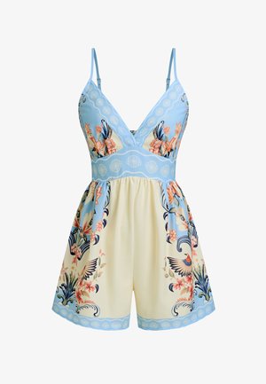 Blauwe en crèmekleurige mouwloze romper met bloemen- en vogelpatronen, V-hals, verstelbare bandjes en een aangesloten taille.