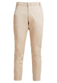 Pantaloni beige su misura con una texture liscia, dotati di chiusura anteriore con bottone, tasche laterali e orli arrotolati.