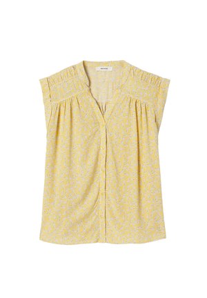 Blouse jaune sans manches avec petit motif floral blanc, épaules froncées et fermeture à boutons à l'avant.