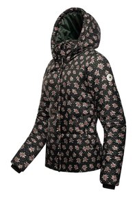 Černá prošívaná bunda s květinovým vzorem v červené a bílé, kapucí, zapínáním na zip a žebrovanými manžetami. Zateplená pro teplo.