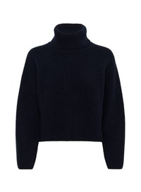 Navy blue turtleneck sweater with ribbed texture, cropped length, and raglan sleeves. Soft material and solid color design.