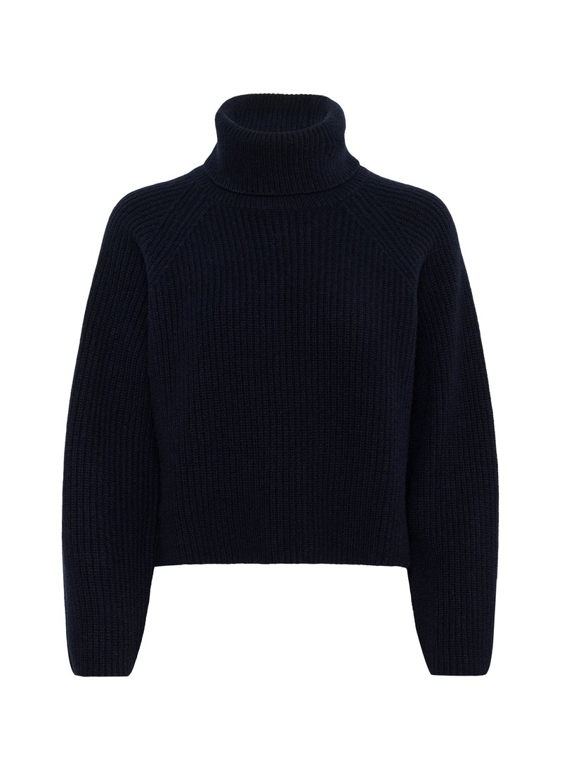 Marinblå polotröja med ribbad textur, kort längd och raglanärmar. Mjuk material och enfärgad design.