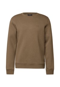 Brun crewneck sweatshirt med lange ærmer og præget tekst "CRAFTED GOODS" på fronten i midten.