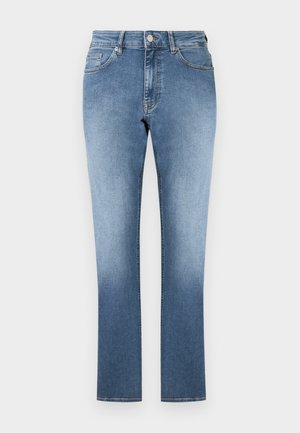 Hellblaue Jeans aus Denim mit geradem Schnitt. Verfügt über eine hohe Taille, fünf Taschen und dezente Verwaschungen an den Beinen. Schlichter Saum.