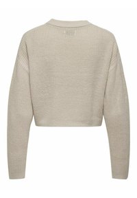 Maglione beige a maglia, tagliato, con maniche lunghe, motivo testurizzato e scollatura rotonda. Include dettagli a coste ai polsini e all'orlo.