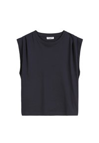 Dark navy blue sleeveless top made from soft cotton, featuring a round neckline and subtle shoulder pleats, with a relaxed fit.