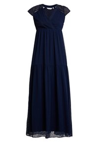 Námořnická modrá maxi šaty s krátkými průsvitnými rukávy, výstřihem ve tvaru V, empírovým pasem a tečkovanou texturou látky pokryté pevným podšívkou.
