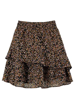 Schwarzer Blumenkleid mit geschichtetem Design; mit kleinen, mehrfarbigen Blumenmuster und elastischem Taillenband; leichter Stoff mit fließender Textur.