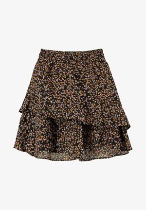 Black floral skirt with layered design; features small, multicolored flowers and an elastic waist band; lightweight fabric with a flowy texture.