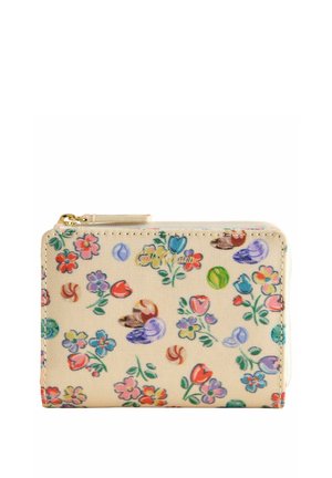 Portafoglio con fantasia floreale, sfondo crema, presenta fiori colorati e spirali. Il materiale è tessuto textured con un accento in coure dorato.