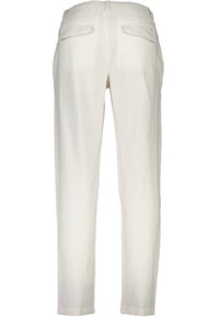 Light beige trousers with a relaxed fit, elastic waistband, and rear pockets. The fabric appears lightweight and textured, suitable for casual wear.