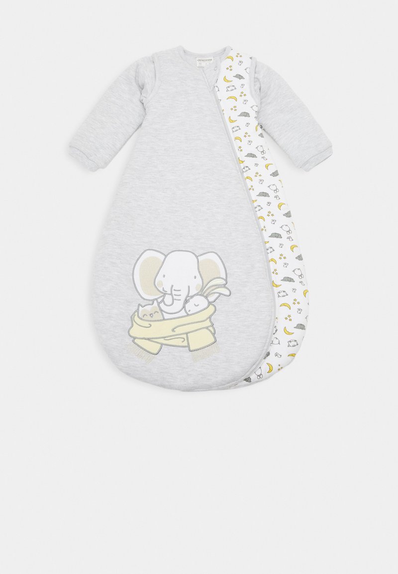 Gray baby sleeping bag with long sleeves, featuring an elephant graphic holding a rabbit. Side patterned panel in yellow and gray with animals.