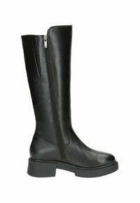 Bota de cuero negro hasta la rodilla con cremallera lateral, tacón grueso negro, acabado texturizado y superficie superior suave.