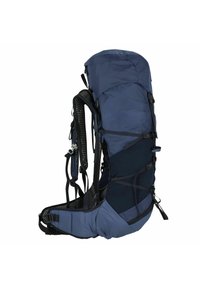 Blauwe multi-paneel rugzak met een mesh rugpaneel, verstelbare schouderbanden en veilige gespen. Ergonomisch ontwerp voor comfort en ondersteuning.