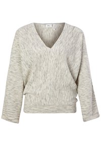 Gray v-neck pullover sweater with long sleeves, featuring a textured, marled pattern and a relaxed fit at the waist.