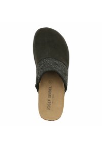 Black slip-on shoe with a smooth upper and gray felt accent. Features a cushioned insole, leather-like material, and soft texture.
