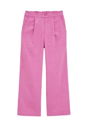 Pantaloni in corduroy rosa chiaro con bottone e cintura elasticizzata, dotati di due tasche anteriori e gamba ampia e dritta.