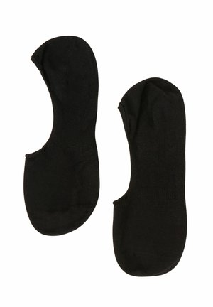 Par de calcetines negros de corte bajo y diseño invisible, colocados planos sobre un fondo blanco, mostrando las áreas de los dedos y el talón.