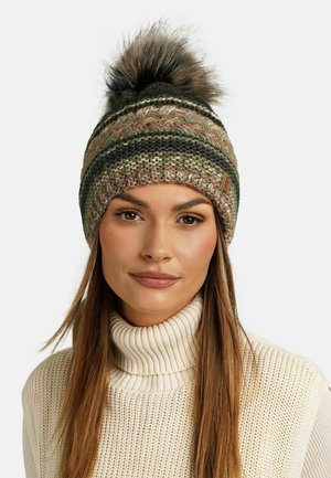 Knit beanie in earthy tones with a textured pattern, featuring a fluffy faux fur pom-pom on top and a leather logo accent.