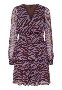 Vestido de manga larga con estampado de cebra en púrpura y marrón, con escote en V, cintura ceñida, mangas transparentes y falda de volantes en capas.