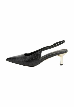 Black slingback high heel shoe with a pointed toe, faux croc-embossed texture, and a metallic heel accent.