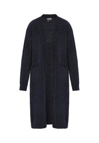 Langer marineblauer Cardigan aus weichem, strukturiertem Stoff; verfügt über vordere Taschen und ein offenes Design mit langen Ärmeln.
