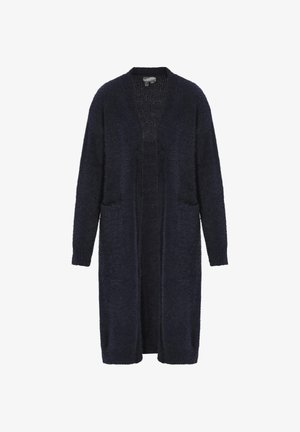 Hosszú, tengerészkék kardigán puha, textúrált anyagból; elülső zsebekkel és nyitott elülső kialakítással rendelkezik, hosszú ujjakkal.