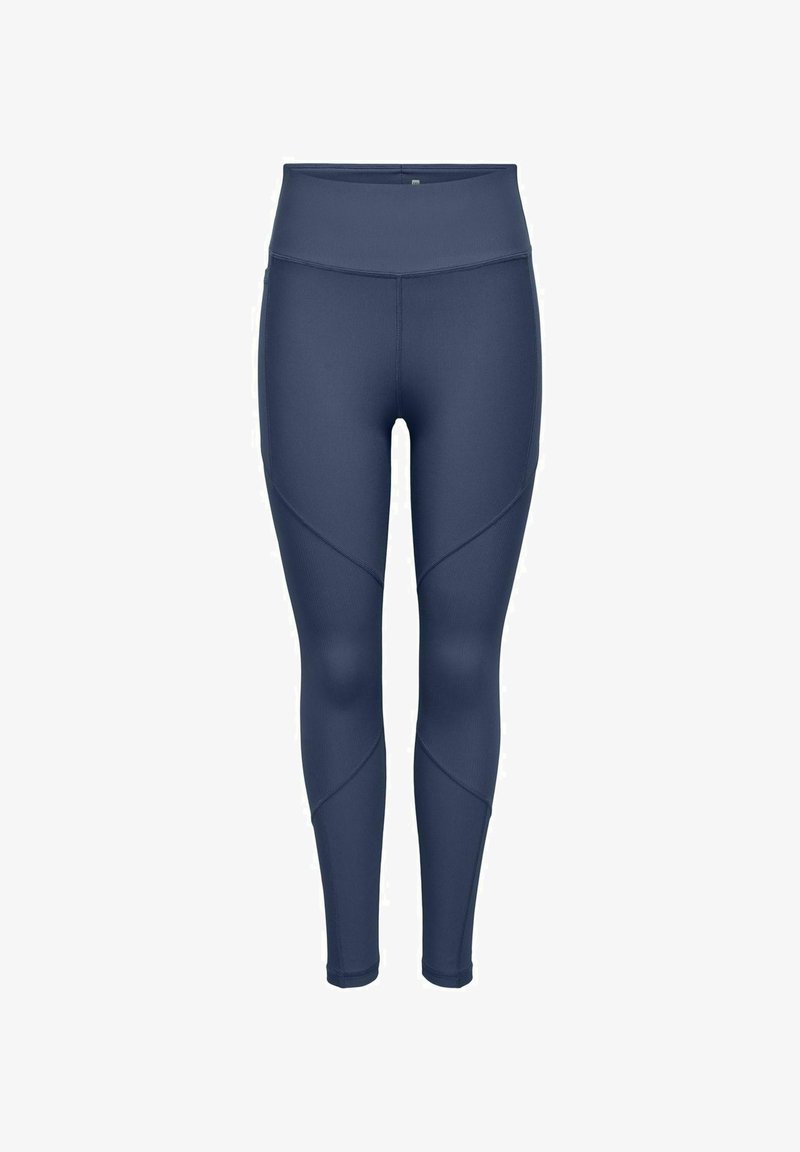 Leggings feitos de um tecido elástico e que elimina a humidade, na cor azul escuro, com uma cintura alta e costuras anguladas para um ajuste mais justo.