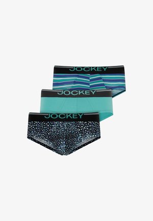 Drei Herren-Slips mit schwarzen Bundlabels "Jockey": einer blau-grün gestreift, einer einfarbig türkis, einer schwarz mit blauen und weißen Punkten.