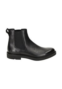 Svarta läder Chelsea-boots med elastiska sidopaneler, en dragflik, en rund tå och en strukturerad gummisula. Slät yta med sydda detaljer.