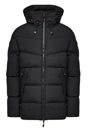 Chaqueta de abrigo negra tipo puffer con cuello alto, cierre de cremallera en la parte frontal y cordón ajustable. Presenta secciones acolchadas y dos bolsillos laterales con cremallera.