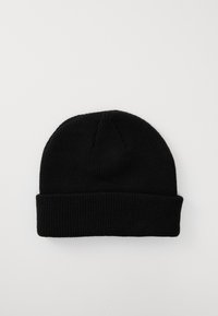Black knit beanie with a ribbed texture and fold-over cuff. Form-fitting design with a rounded top for warmth and coverage.